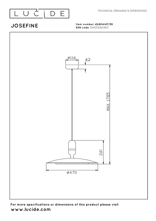 Lucide JOSEFINE - Pendant light - Ø 47 cm - LED Dim. - CCT - 1x25W 2200K/3000K - Cream - Vibes - technical